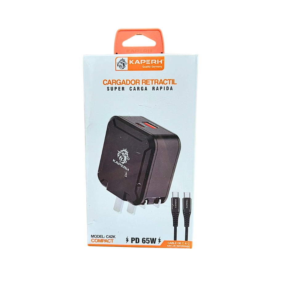 Cargador Retractil Carga Rapida 65W Negro