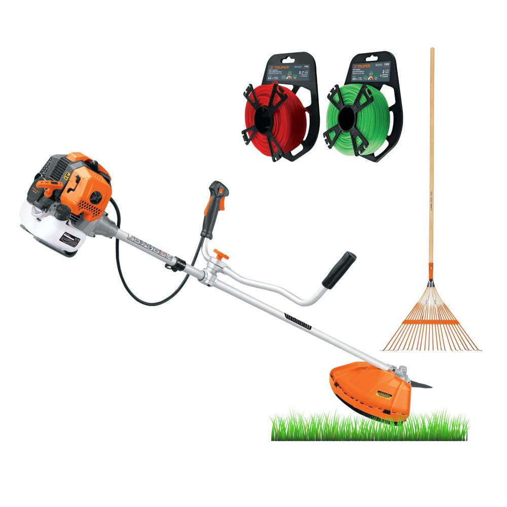 Combo Desbrozadora Motoguadaña 2HP + Escoba y Hilos Truper 11032-14328-17610-17608