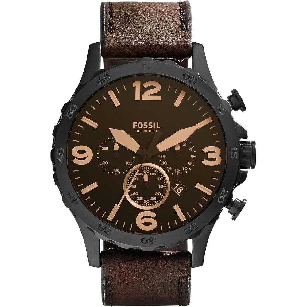 Fossil JR1401 reloj para hombre Nate cronógrafo de acero inoxidable | Negro/Cuero Marron