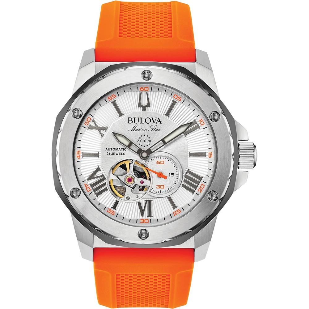 Bulova 98A226 reloj automático Marine Star Series A con correa naranja | Plateado