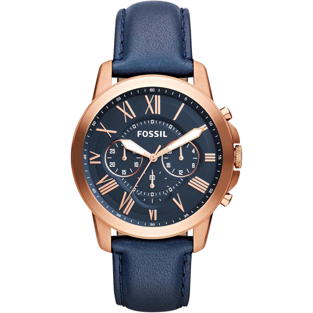 Fossil ME3099 reloj Grant para hombre con cronógrafo y correa de cuero | Oro rosa/Azul