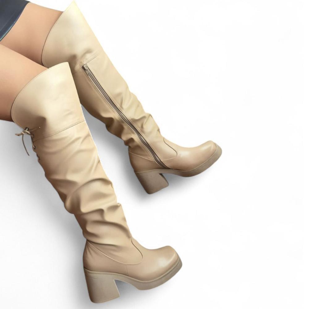 Bota Mujer Larga Taco 7 1177 5C-78 Color Beige Talla 39