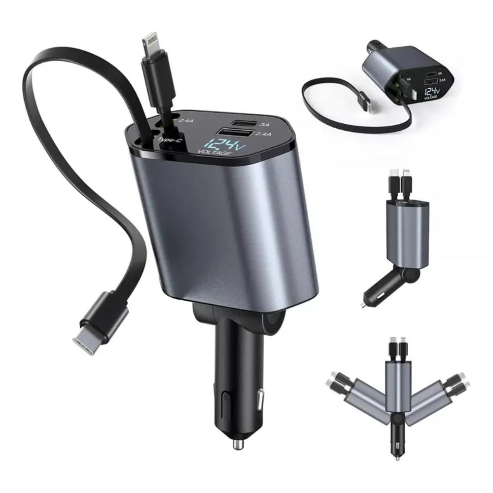 Súper Cargador para Carro con dos puertos de 120w Cable Retráctil