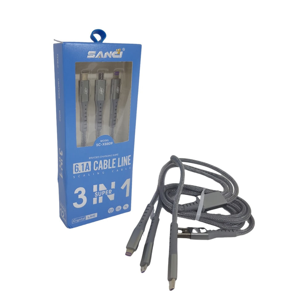 Cable Celular 3 en 1 Tipo C, V8 y Lightning SANCI 6.1 A SC-X8809 Plomo Cable Celular 3 en 1 Tipo C, V8 y Lightning SANCI 6.1 A SC-X8809 Plomo
