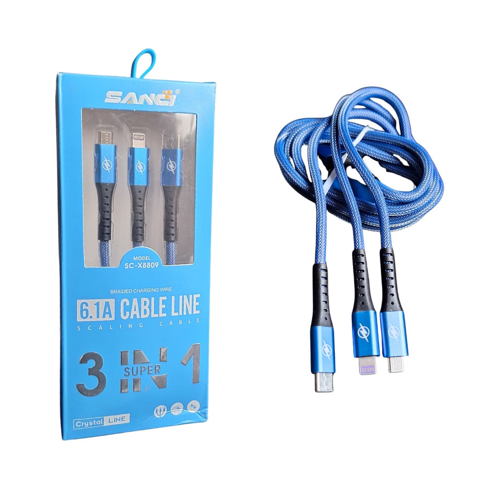 Cable Celular 3 en 1 Tipo C, V8 y Lightning SANCI 6.1 A SC-X8809 Azulino