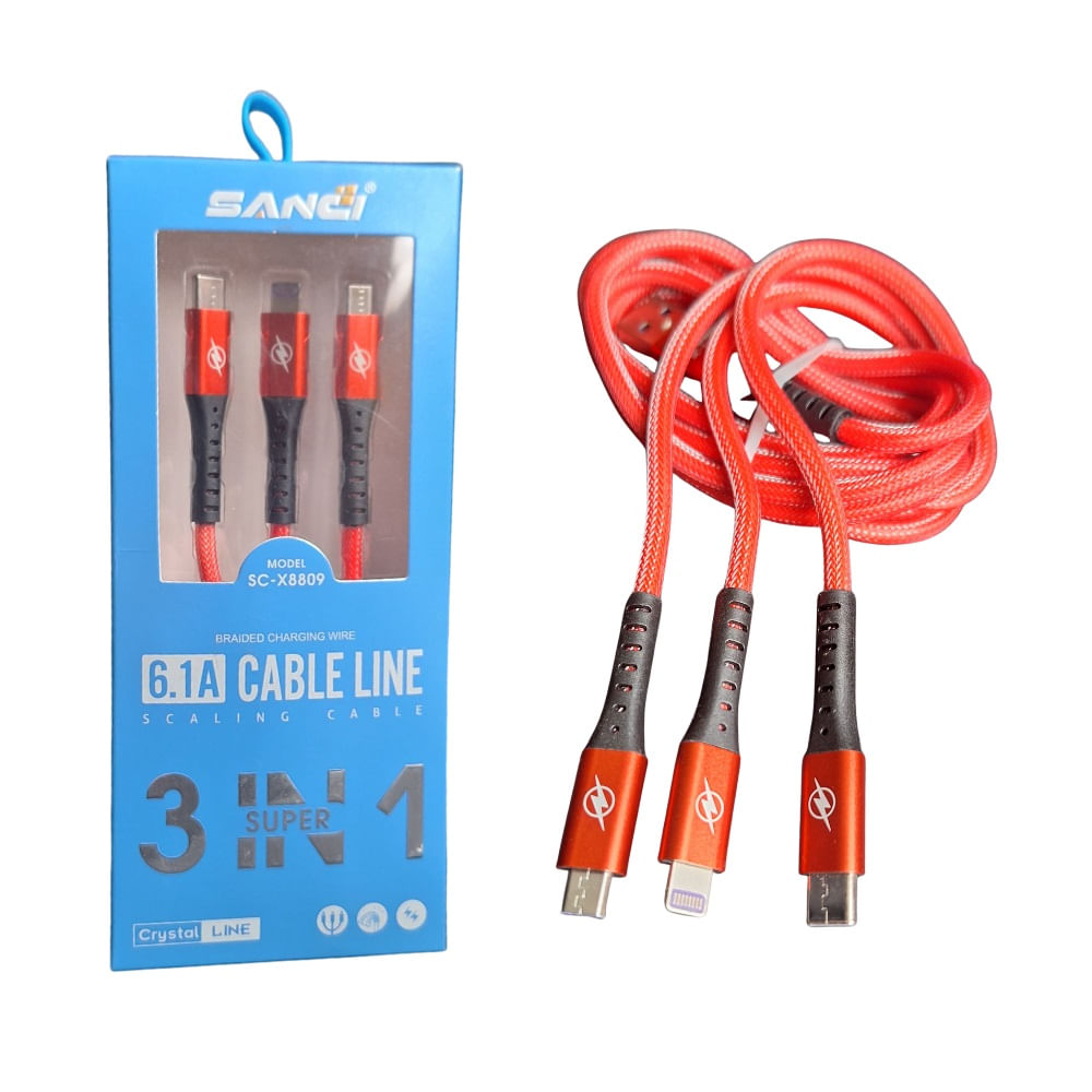 Cable Celular 3 en 1 Tipo C, V8 y Lightning SANCI 6.1 A SC-X8809 Rojo