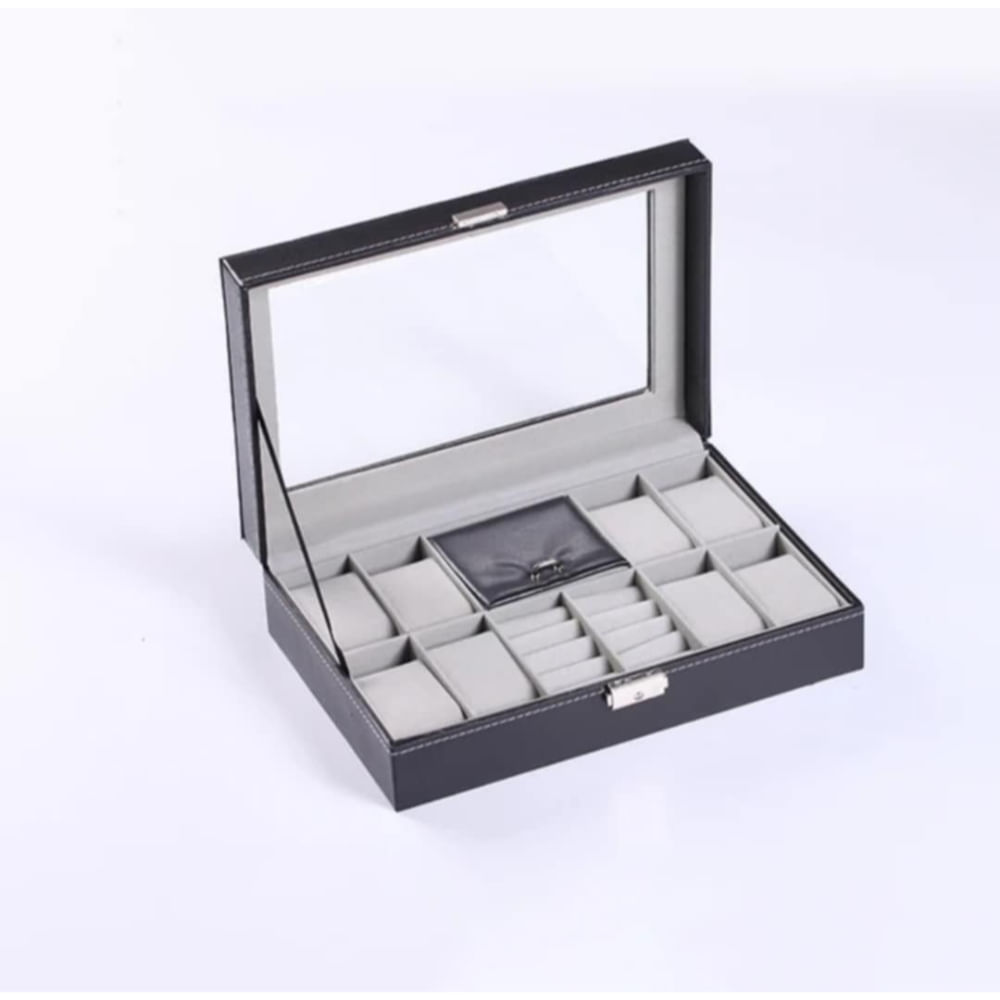 Caja Porta Reloj Organizador de Joyas Anillos Collares de Cuero PU Negro