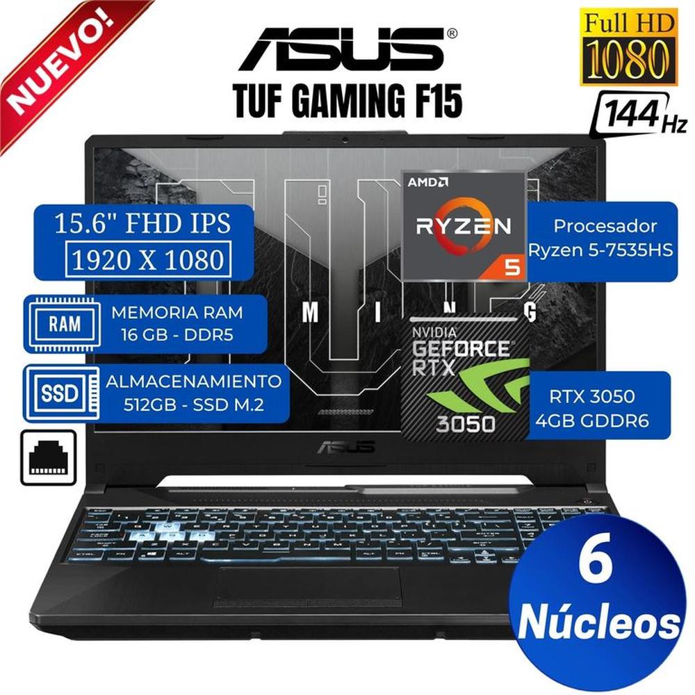 Laptop ASUS TUF GAMING A 15 15.6""  FHD IPS, Ryzen 5-7535HS, Ram 16GB, Ssd 512GB, RTX 3050, Free Dos