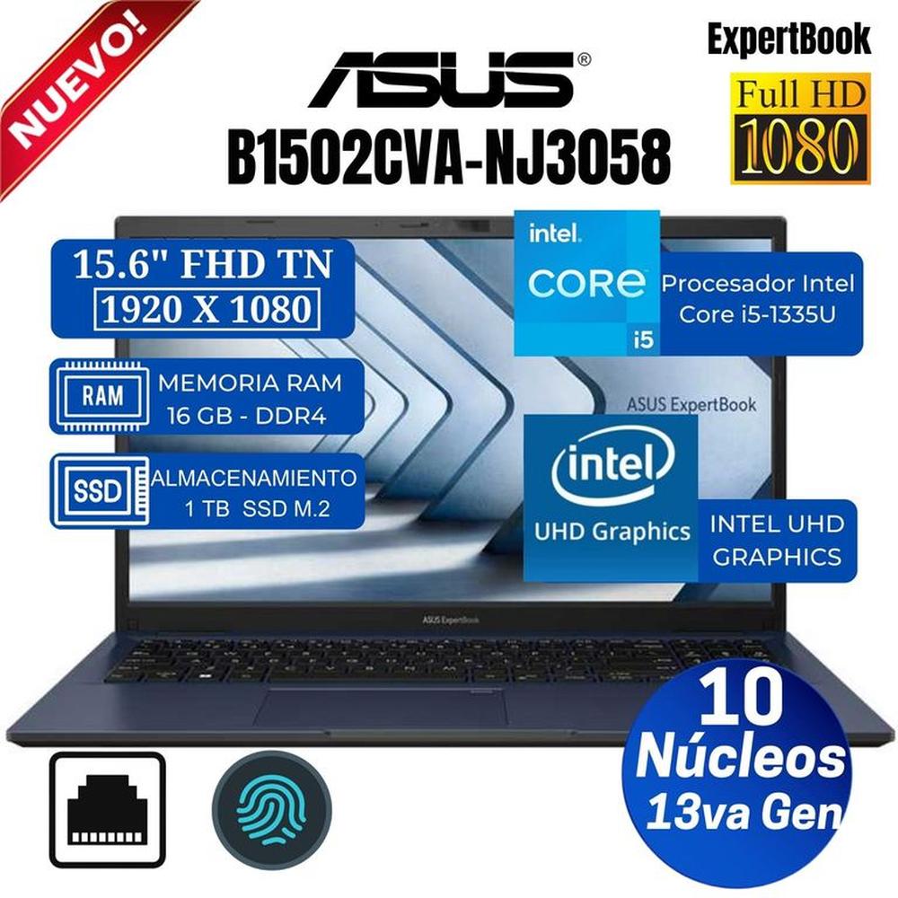 Laptop Asus Expertbook B1502CVA-NJ3058 15.6” FHD, Intel Core i5-1335U, Ram 16GB, Ssd 1 TB, Free Dos