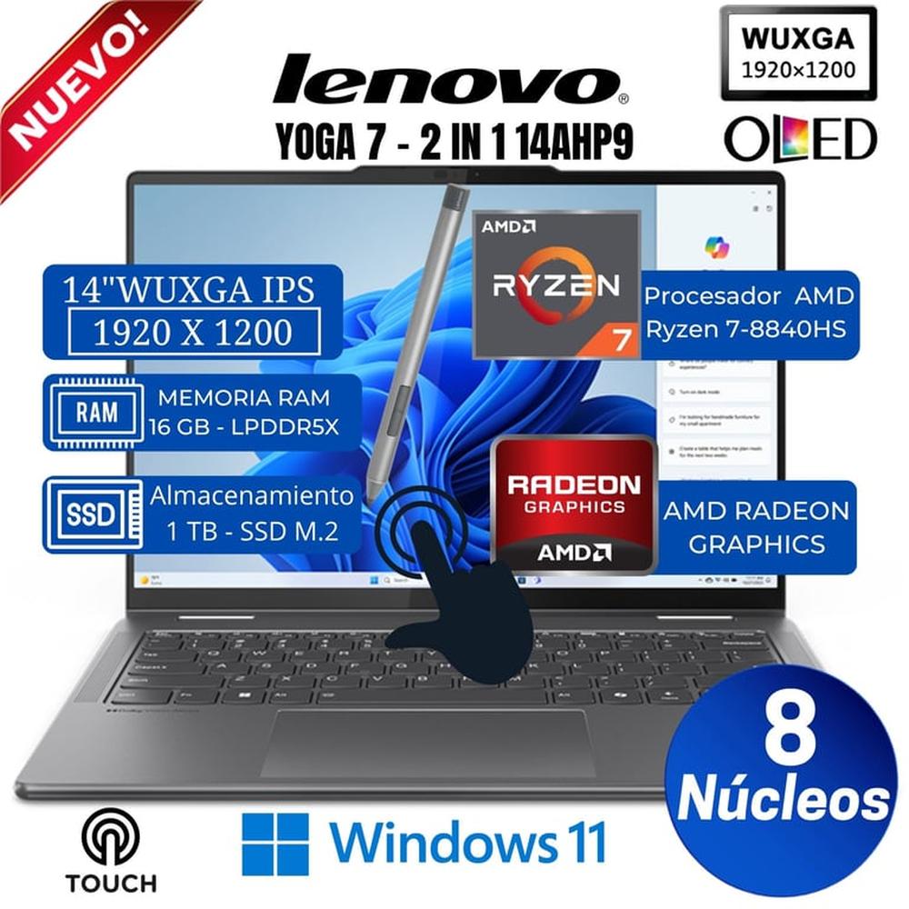 Laptop Lenovo Yoga 7 2-in-1 14AHP9 14”WUXGA OLED, Táctil, Ryzen 7-8840HS, Ram 16GB, Ssd 1TB, Win 11