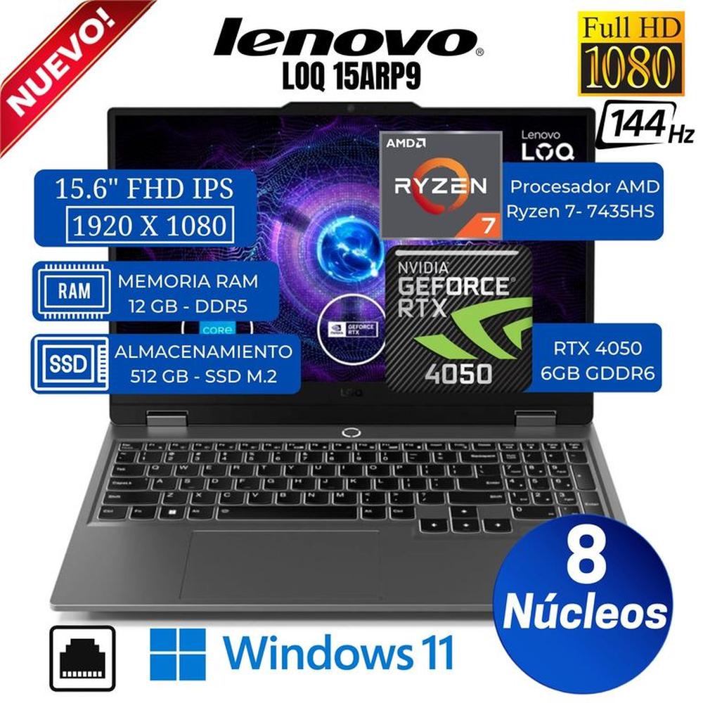 Laptop Lenovo LOQ 15ARP9 15.6""  FHD IPS, AMD RYZEN 7-7435HS, Ram 12GB, Ssd 512GB, Rtx 4050, Win 11