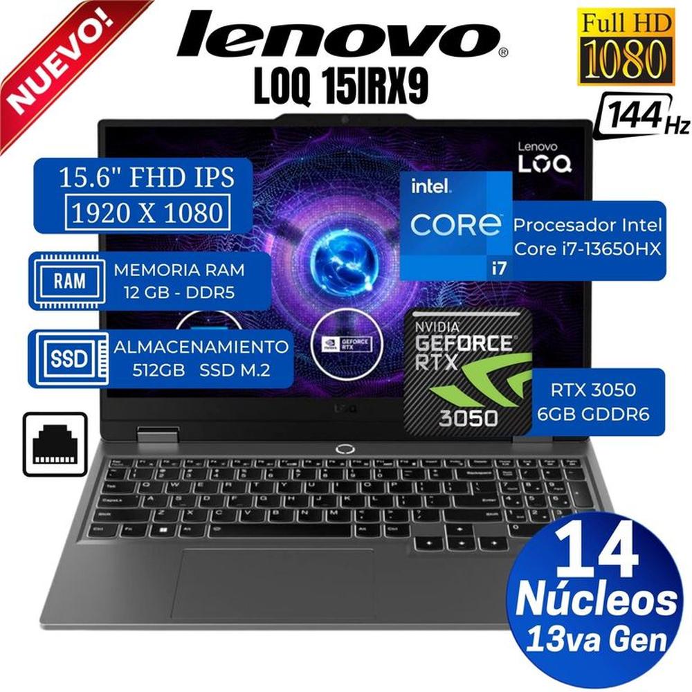 Laptop Lenovo LOQ 15IRX9 15.6""  FHD IPS, Core i7-13650HX, Ram 12GB, Ssd 512GB, Rtx 3050, Free Dos