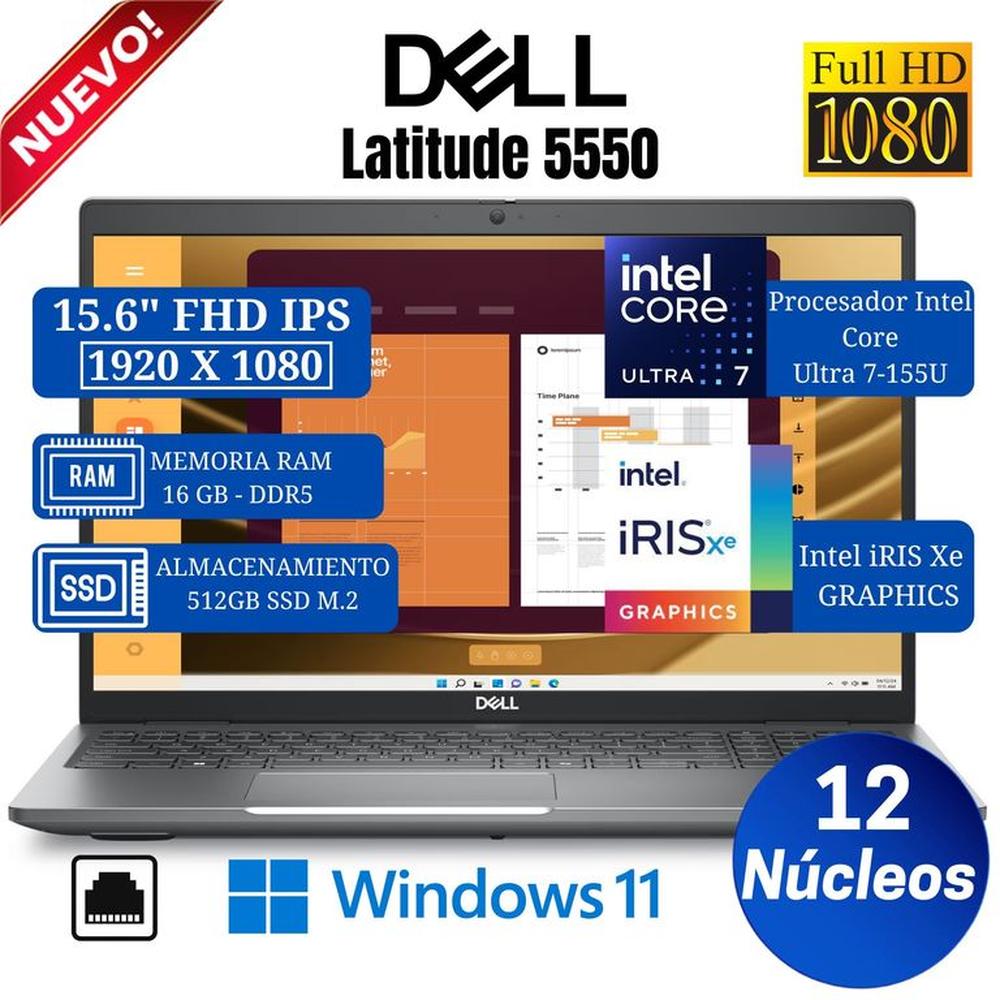 Laptop Dell Latitude 5550 15.6” FHD IPS, Intel Core Ultra 7-155U, Ram 16GB, Ssd 512 GB, Win 11 Pro