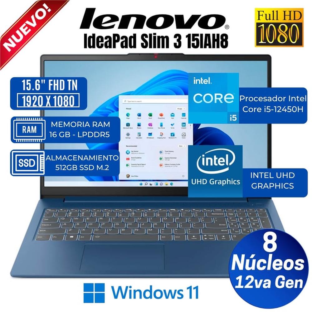 Laptop Lenovo IDEAPAD SLIM 3 15IAH8 15.6"" FHD, Core i5-12450H, 12vaGen, Ram 16GB, Ssd 512GB, FreeDos