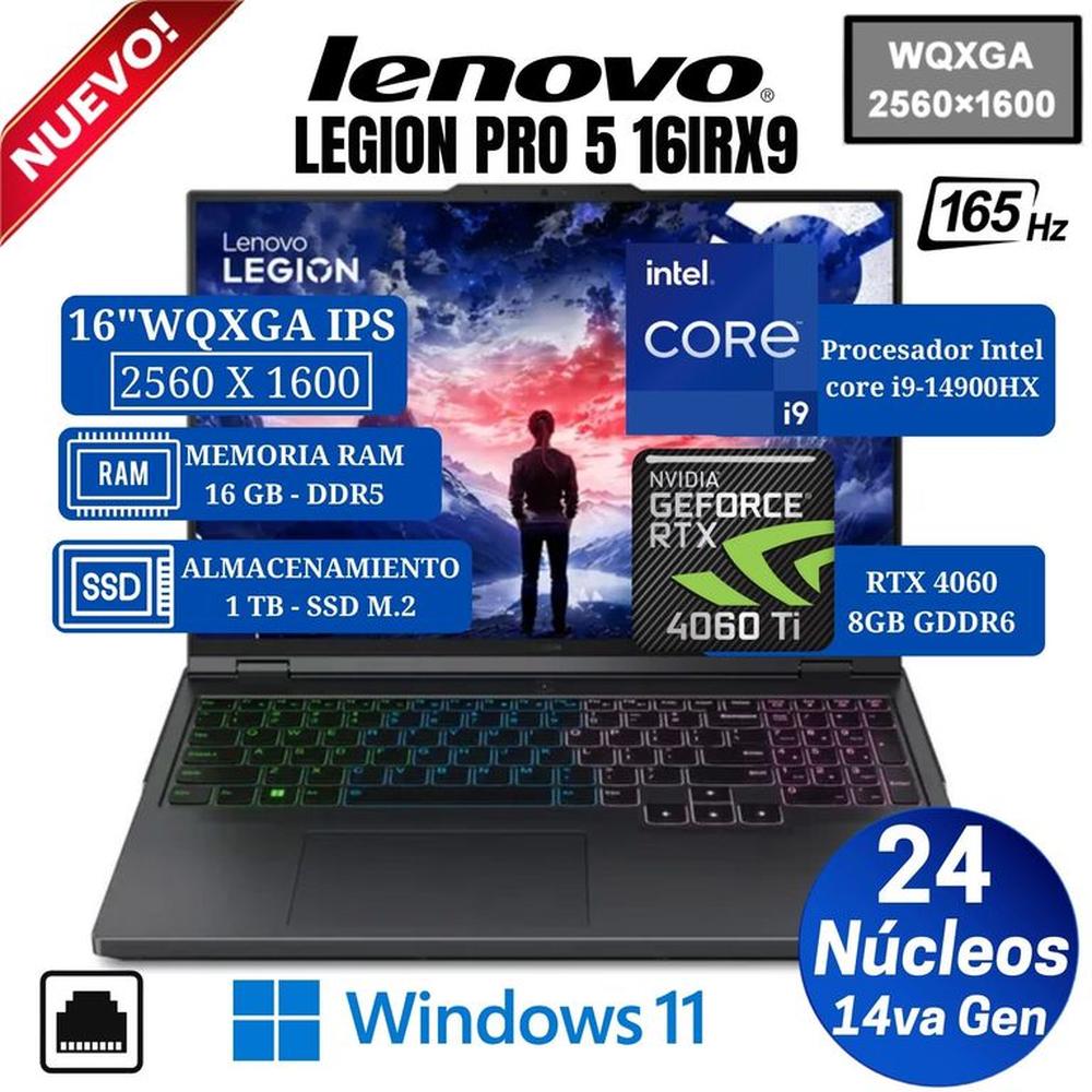 Laptop Lenovo Legion Pro 5 16IRX9 16” WQXGA, Core i9-14900HX, Ram 16GB, Ssd 1 TB, Rtx 4060, Win 11