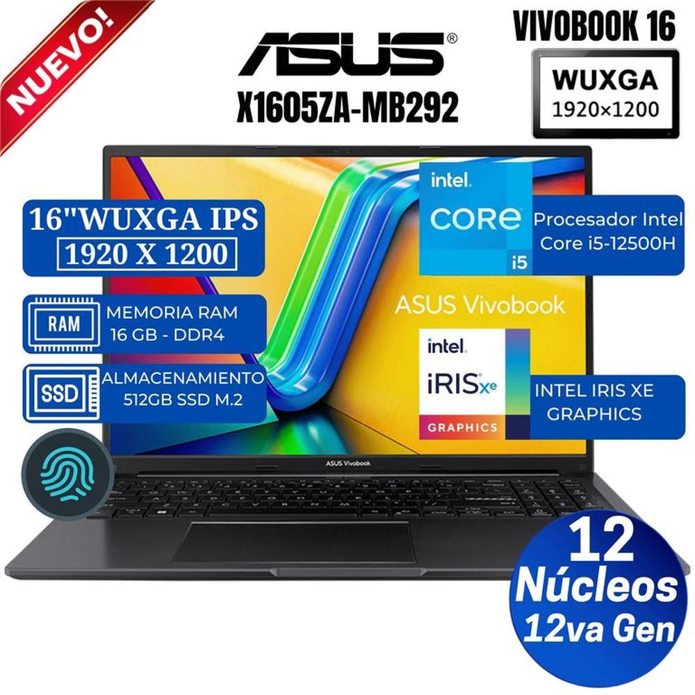 Laptop ASUS X1605ZA-MB292 16"" WUXGA IPS, Core i5-12500H,12va Gen, Ram 16GB, SSD 512GB, Free Dos