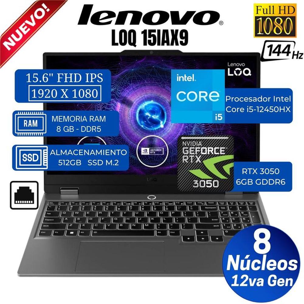 Laptop Lenovo LOQ 15IAX9 15.6"" FHD IPS, Core i5-12450HX, Ram 8GB, Ssd 512GB, Rtx 3050, Free Dos
