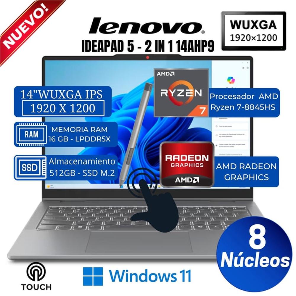 Laptop Lenovo IdeaPad 5 2-in-1 14AHP9 14” WUXGA, Táctil, Ryzen 7-8845HS, Ram16GB, Ssd 512GB, Win 11