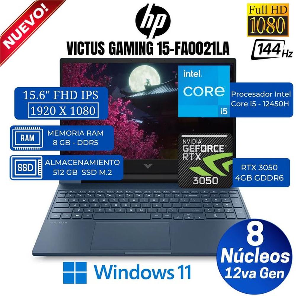Laptop HP Victus Gaming 15-fa0021la 15.6"" FHD, Core i5-12450H, Ram 8GB, SSD 512GB, Rtx 3050, Win11