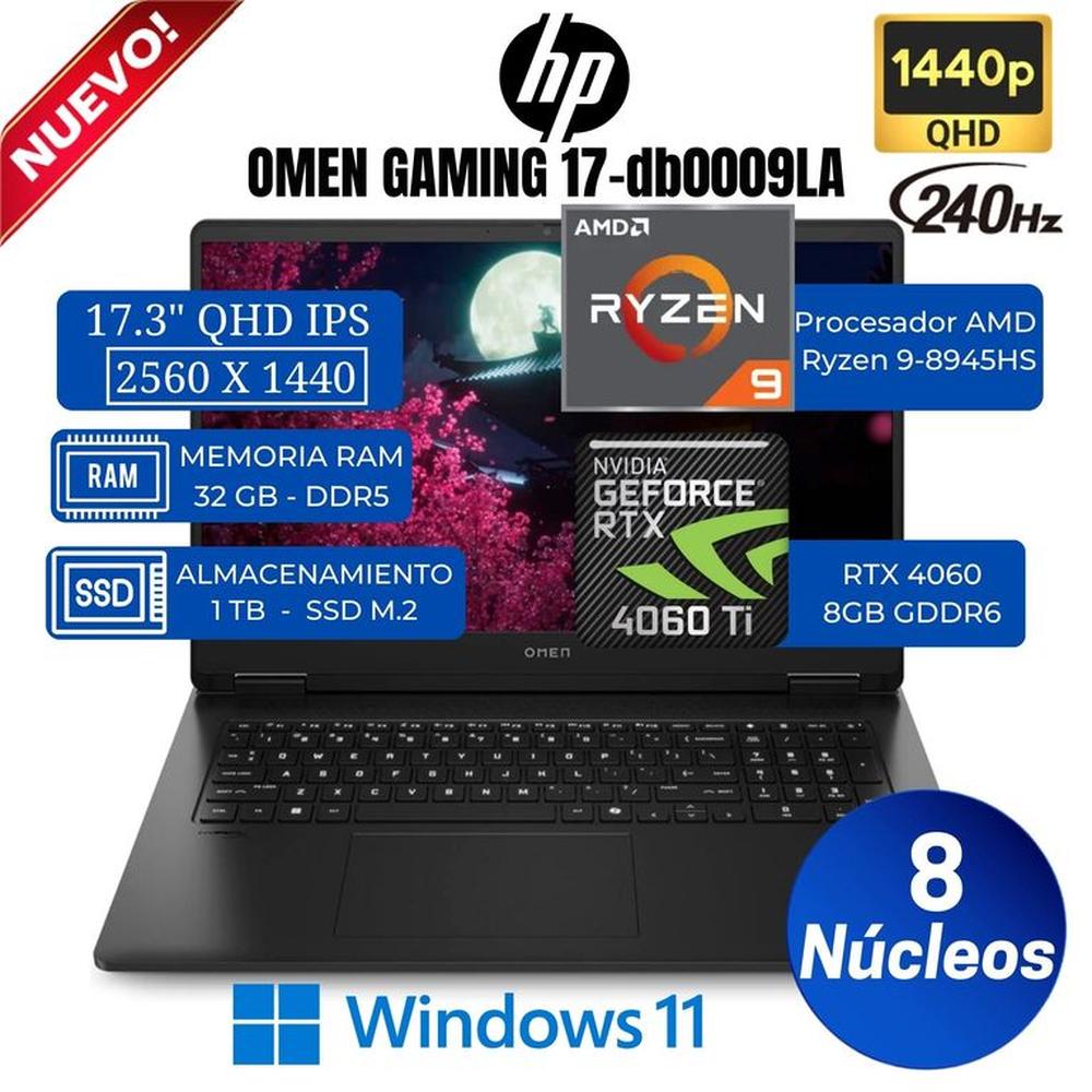 Laptop Hp Omen 17-db0009la 17.3” QHD IPS, Ryzen 9-8945HS, Ram 32GB, Ssd 1 TB, RTX 4060, Win 11