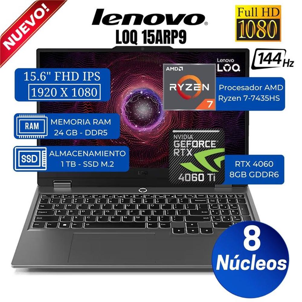 Laptop Lenovo LOQ 15ARP9 15.6"" FHD IPS, AMD RYZEN 7-7435HS, Ram 24GB, Ssd 1 TB, Rtx 4060, Free Dos