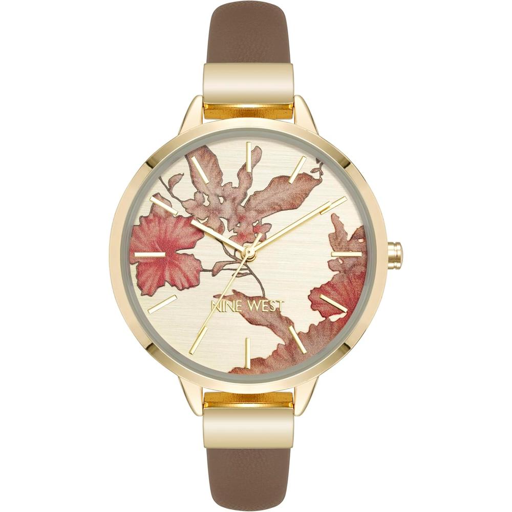 Nine West NW-2044FLBY reloj con esfera decorada y correa lisa para mujer | Beige Bronceado
