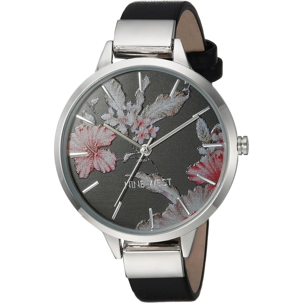 Nine West NW-2044FLBY reloj con esfera decorada y correa lisa para mujer | Negro/Plata