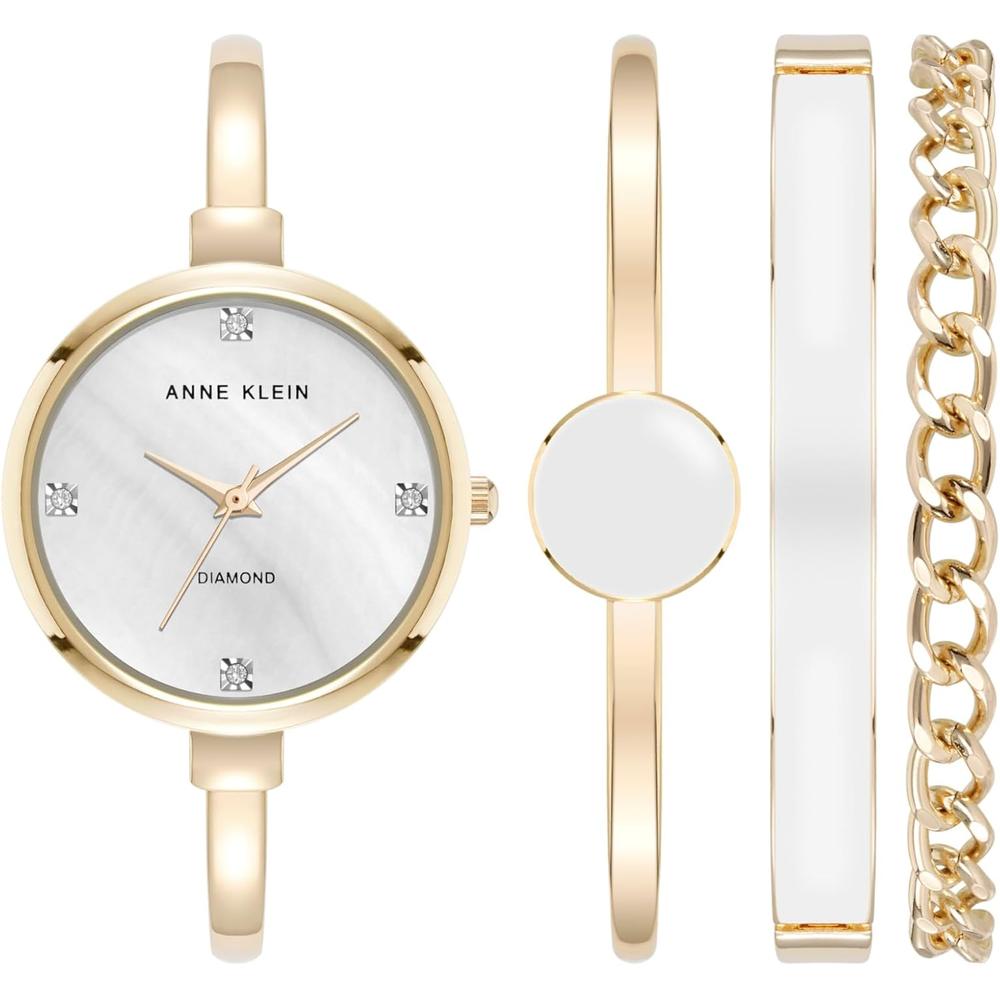 Anne Klein AK/1470GNST reloj femenino con set de pulseras | Blanco/Dorado