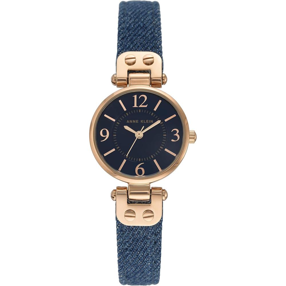 Anne Klein 109442CHHY reloj para mujer con correa de cuero | Azul mezclilla/oro rosa