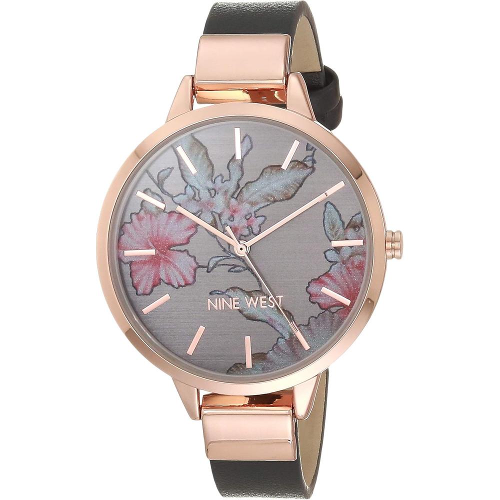 Nine West NW-2044FLBY reloj con esfera decorada y correa lisa para mujer | Gris/Oro rosa