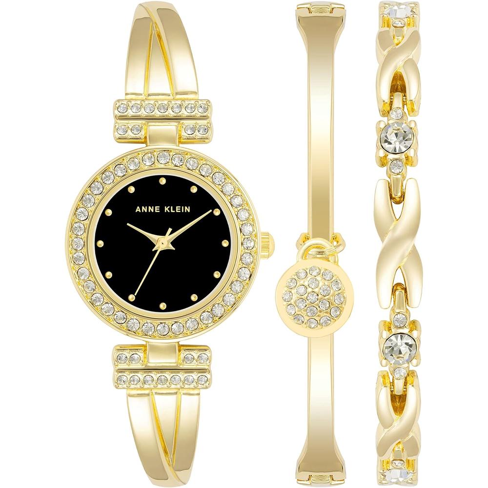 Anne Klein AK/1868GBST reloj para mujer con cristales y set de pulseras | Dorado/Negro