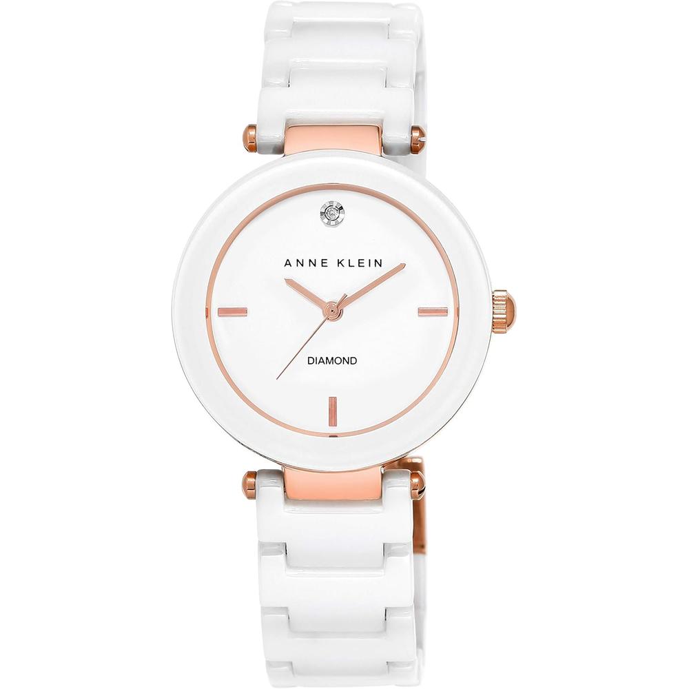Anne Klein AK/1018RGRD reloj para mujer de cerámica con diamante auténtico | Blanco/Oro rosa