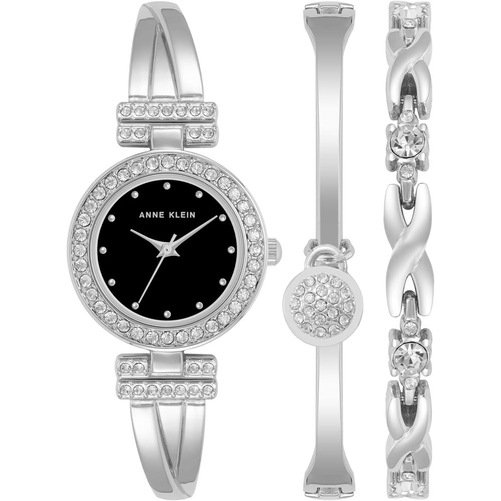 Anne Klein AK/1868GBST reloj para mujer con cristales y set de pulseras | Plata/Negro