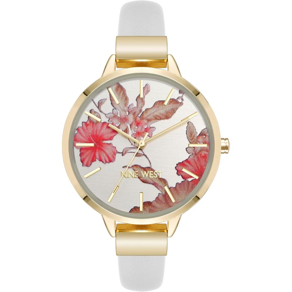 Nine West NW-2044FLBY reloj con esfera decorada y correa lisa para mujer | Blanco/Dorado
