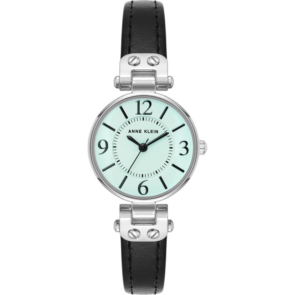 Anne Klein 109442CHHY reloj para mujer con correa de cuero | Negro/Plata/Aguamarina