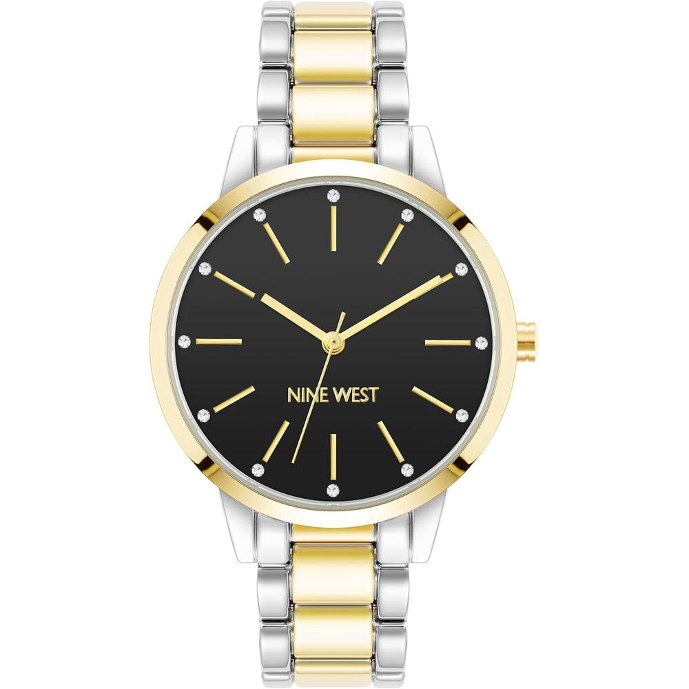 Nine West NW/2098CHGB reloj elegante para dama con esfera floral | Plateado/Dorado/Negro