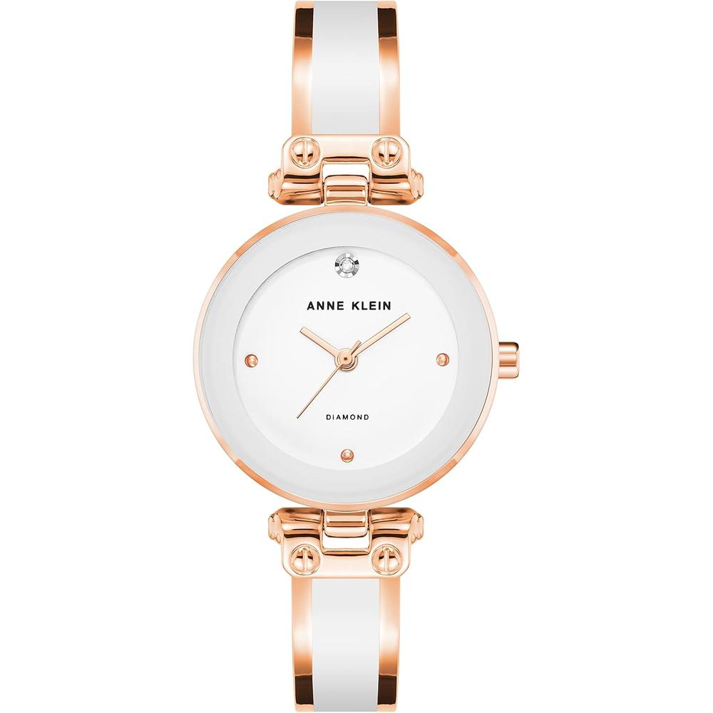 Anne Klein AK/1980BKGB reloj para mujer con diamante y pulsera tipo brazalete | Blanco/Oro rosa