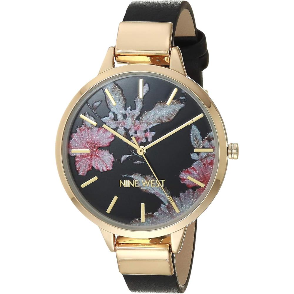 Nine West NW-2044FLBY reloj con esfera decorada y correa lisa para mujer | Negro/Oro