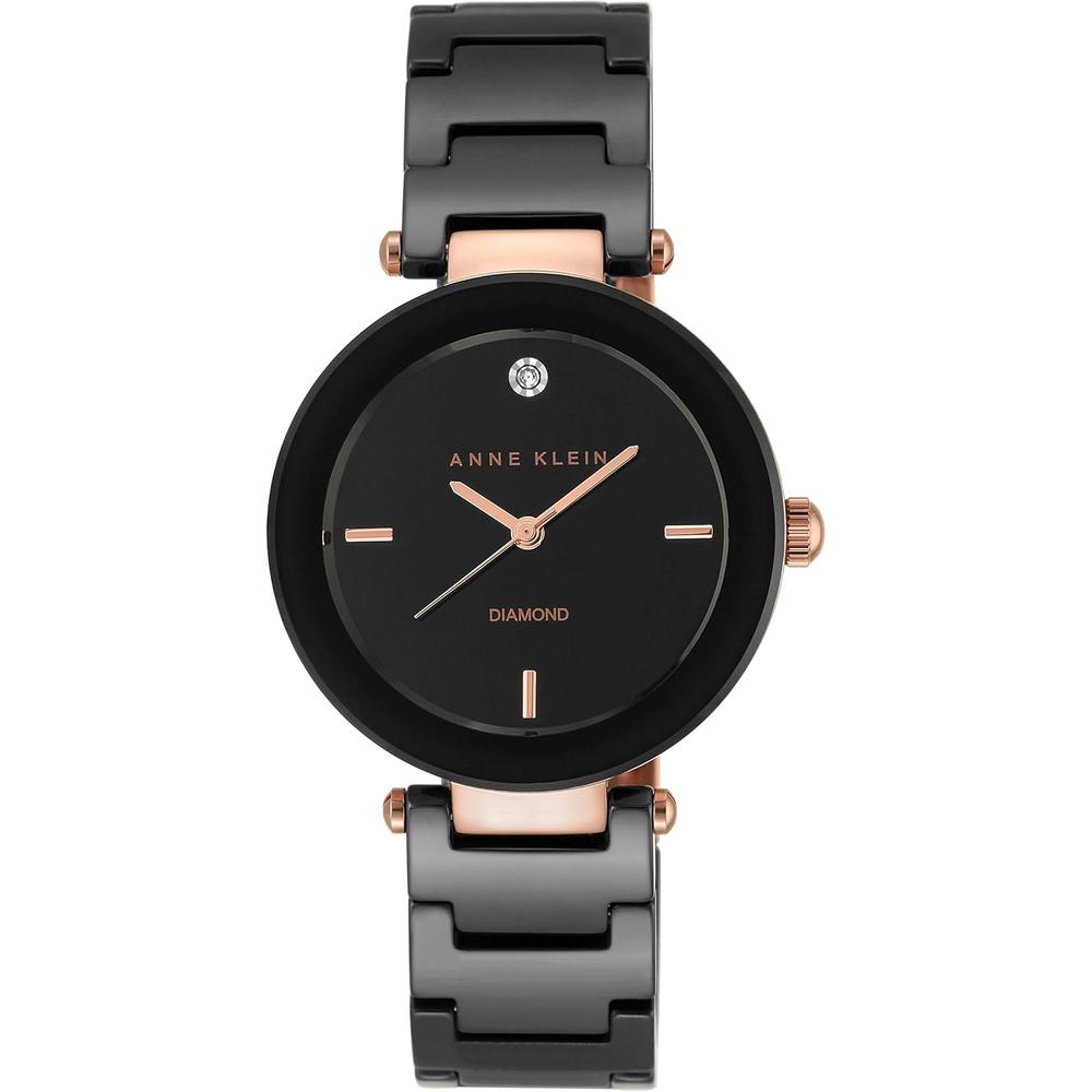 Anne Klein AK/1018RGRD reloj para mujer de cerámica con diamante auténtico | Negro/Oro rosa