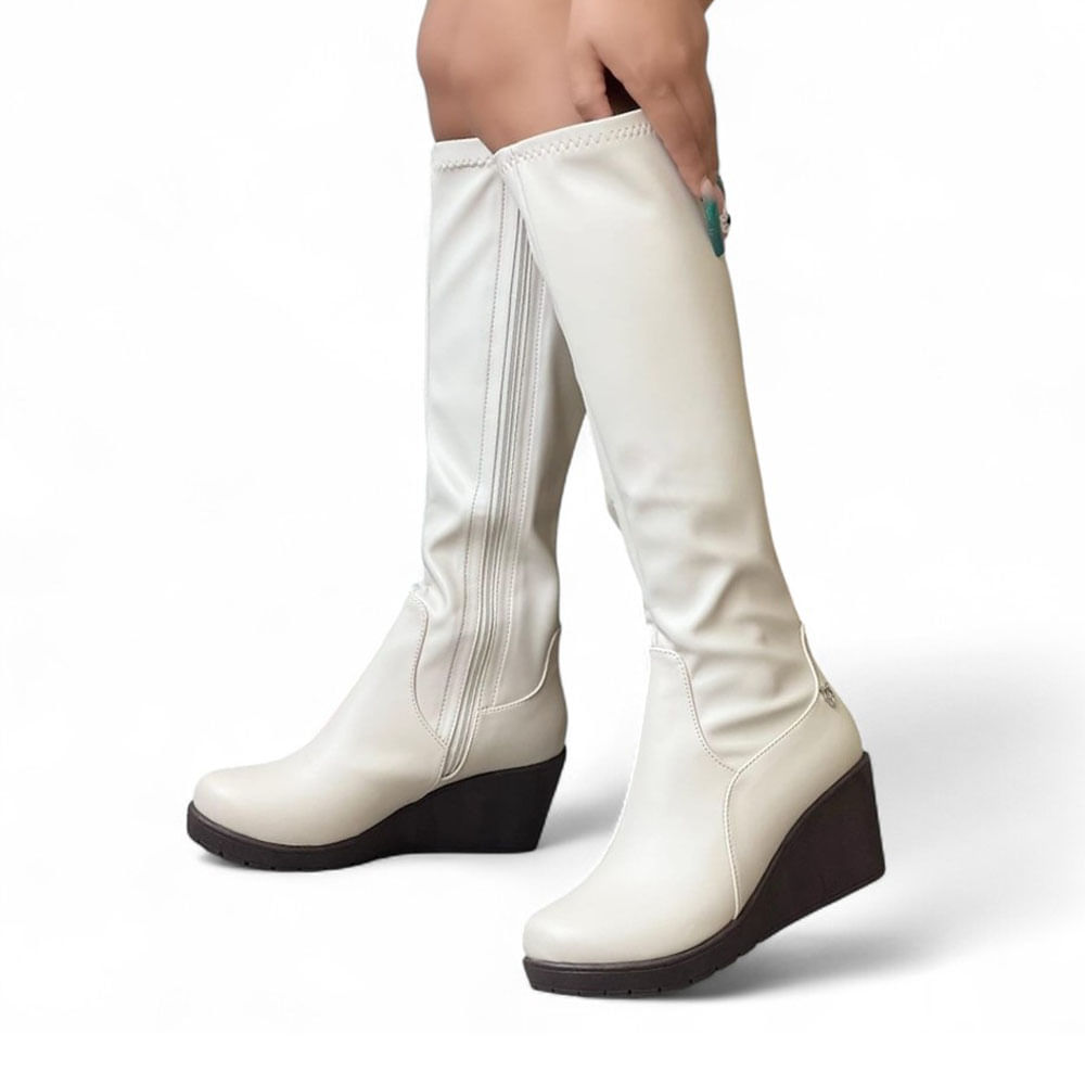 Bota Mujer Strech Cuña 7 1299 5C-75 Color Beige Talla 37