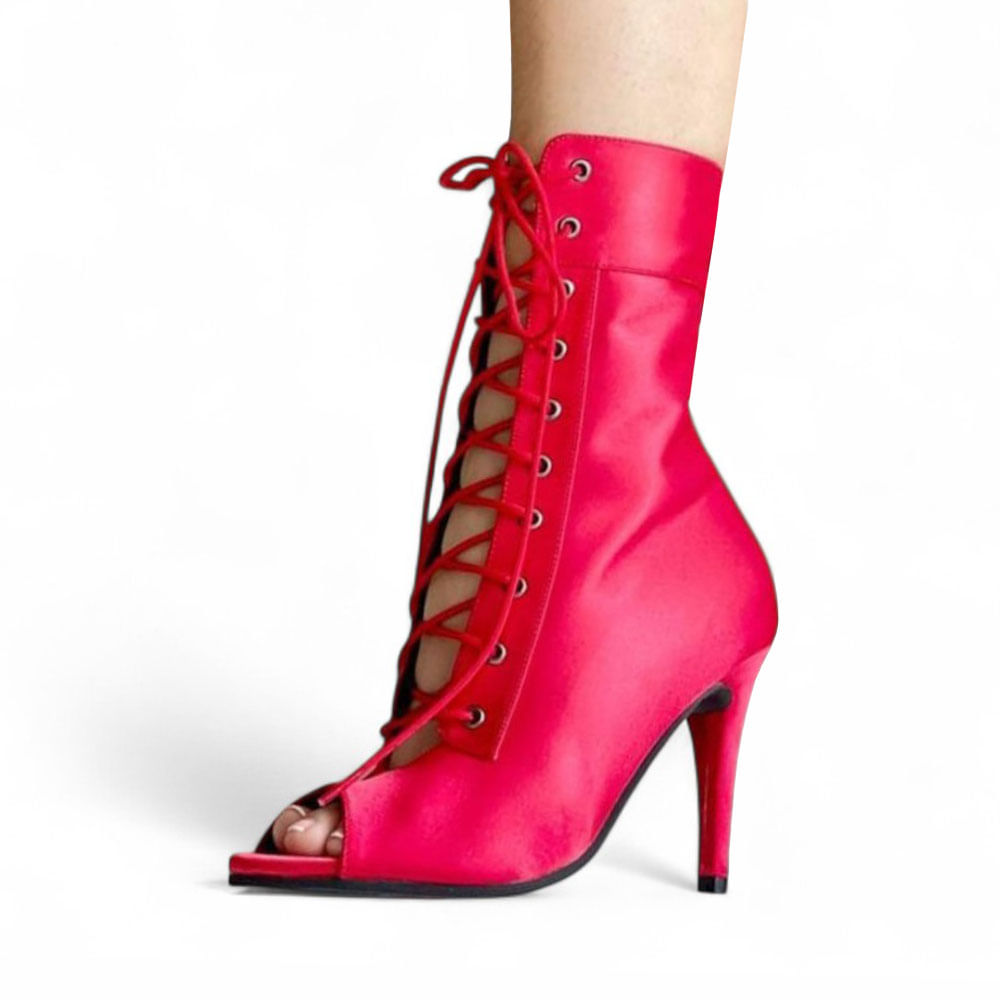 Botin Mujer Abierto Satinado Taco 9 1299 5C-85 Color Rojo Talla 38