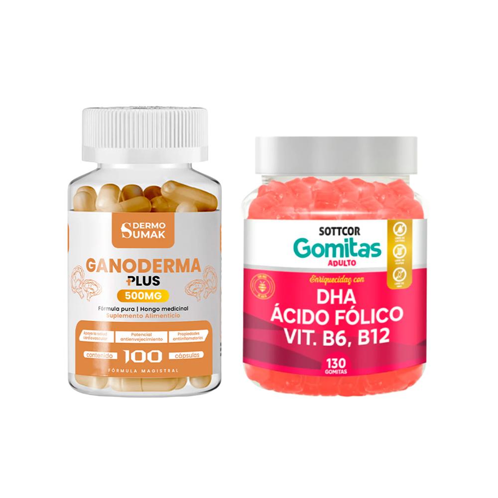 Ganoderma Plus 500Mg 100 Cap Dermo Sumak + Gomitas Con Dha, Ácido Fólico, B6 Y B13