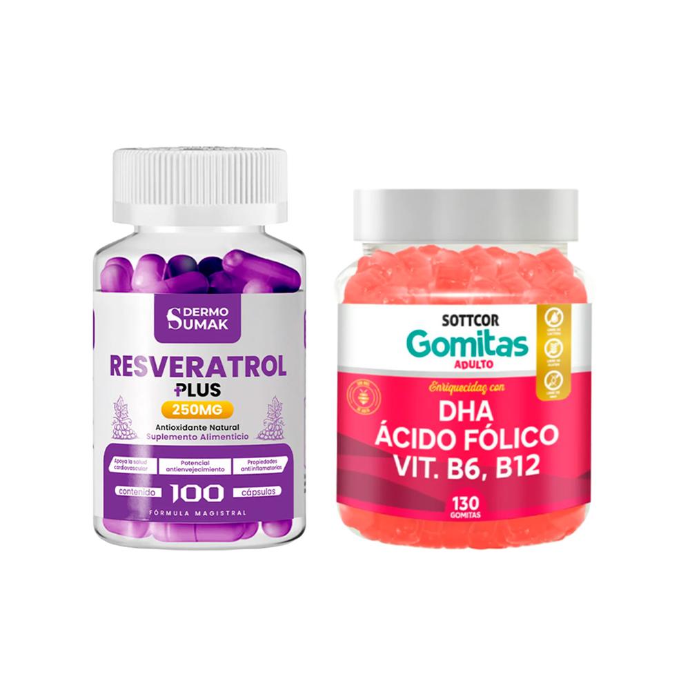 Resveratrol Plus 250Mg 100 Cap + Gomitas Dha, Ácido Fólico, B6 Y B13