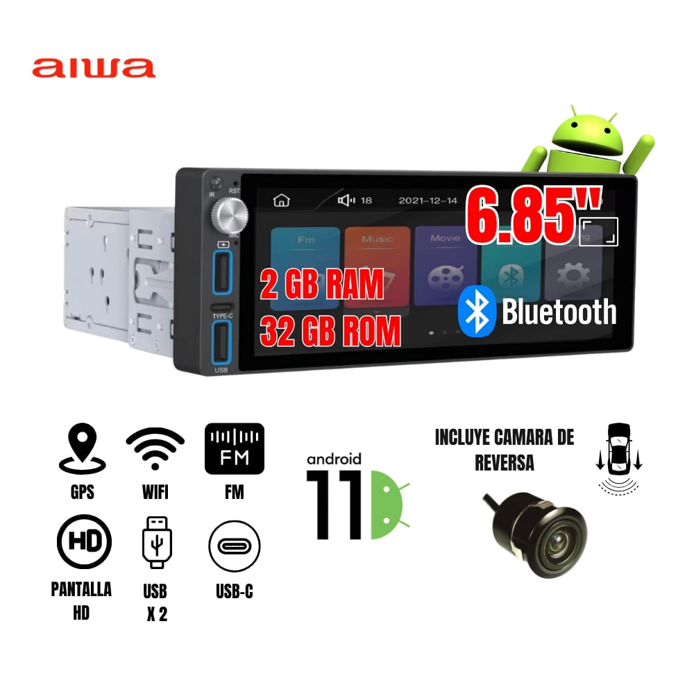 Autoradio Android Aiwa 1 Din Pantalla Táctil 6"" Android Auto y Carplay Inalambricos AW-A485BT