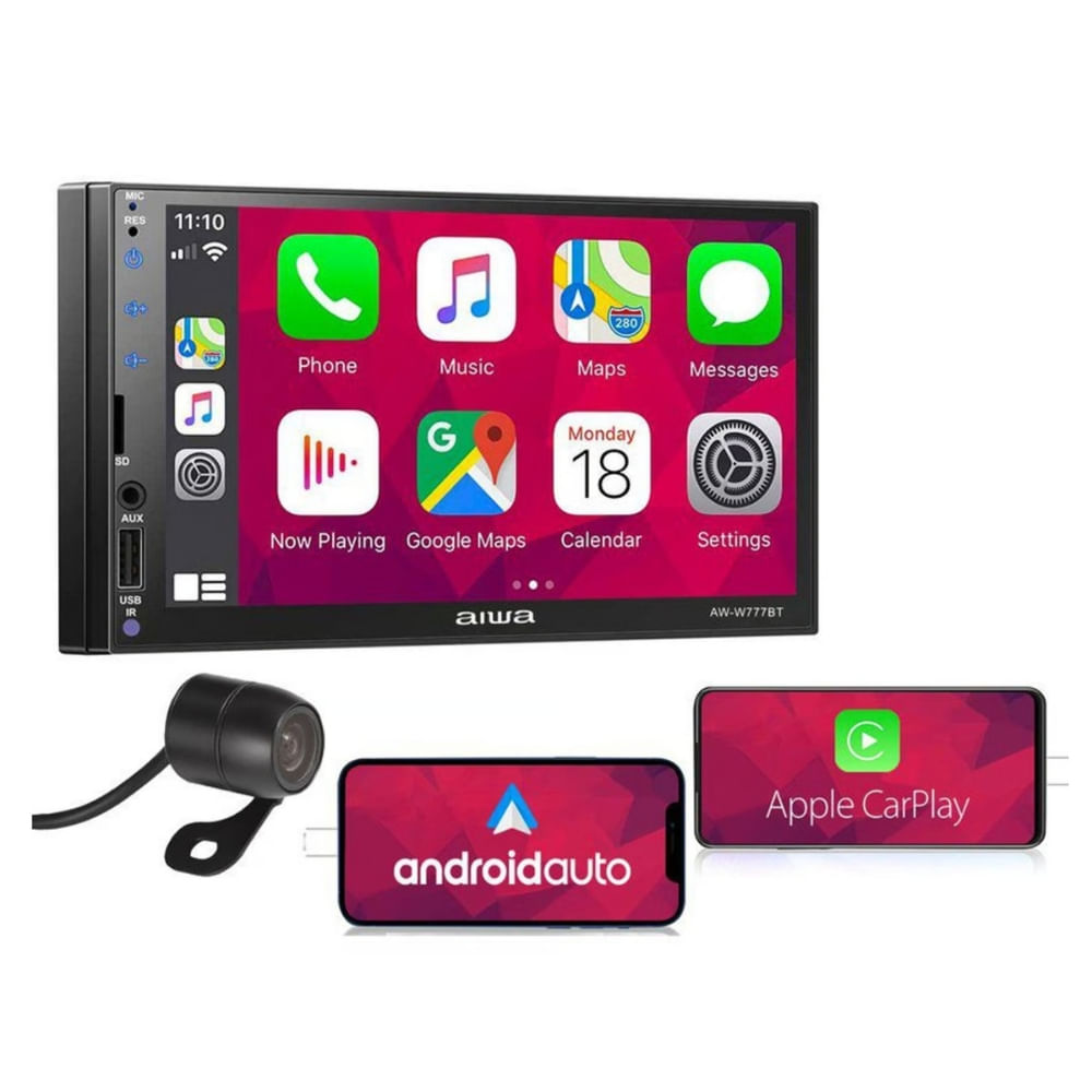 Autoradio Aiwa Android Auto Carplay BT 7"" HD + Cámara de reversa AW-W777BT