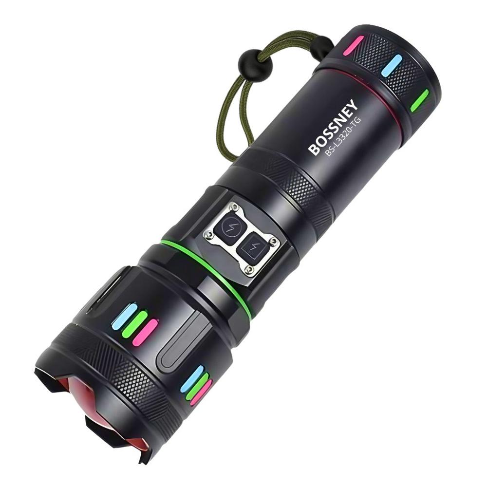 Linterna Táctica Bossney LED 3000m Zoom USB C con Luz Lateral RGB