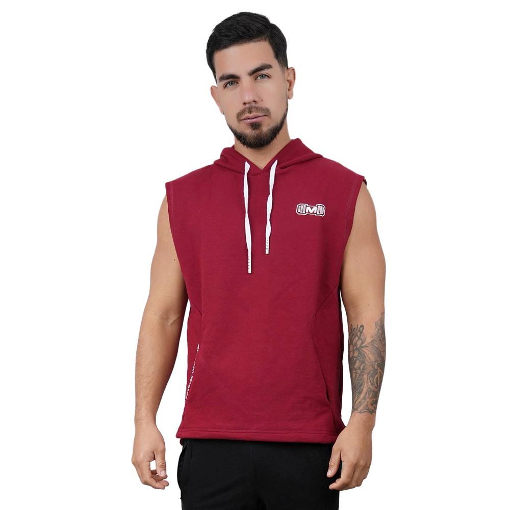 Polera Manga Cero Rojo Oscuro y Blanco Muscle Museum con Bolsillo Delantero con Cierre para Hombre