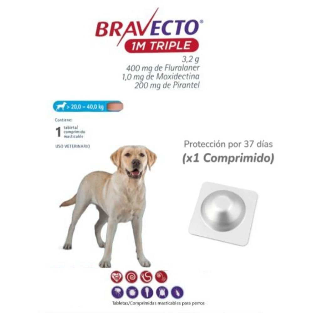 Antipulga Bravecto 20 - 40KG x 1 Tab Protección Mensual Antipulga Bravecto 20 - 40KG x 1 Tab Protección Mensual