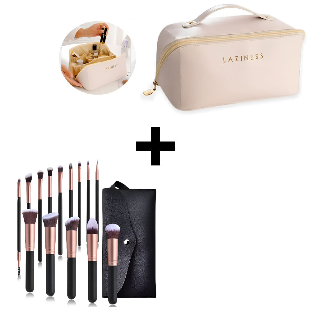 Combo Neceser Estuche De Cosméticos Beige + Brochas de Maquillaje profesionales Set 15 piezas Negro