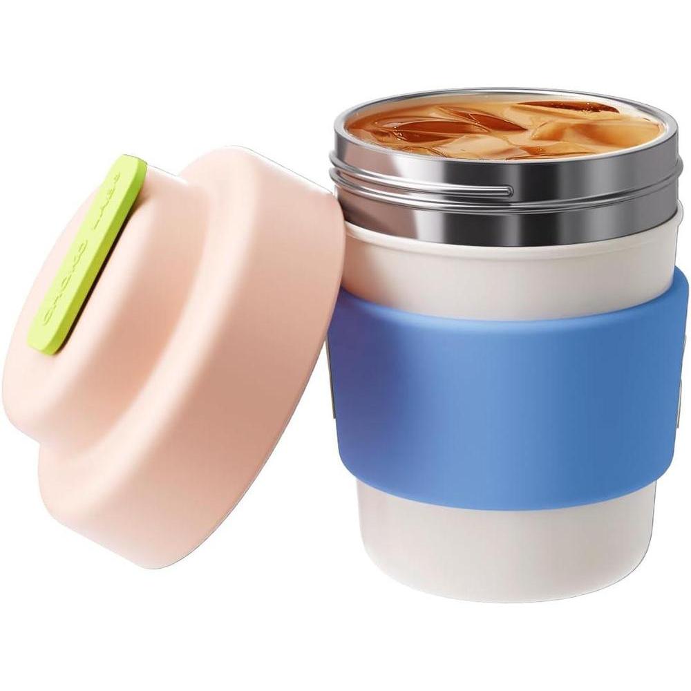 Taza de café aislada, doble pared, tapa rosa, acero inoxidable